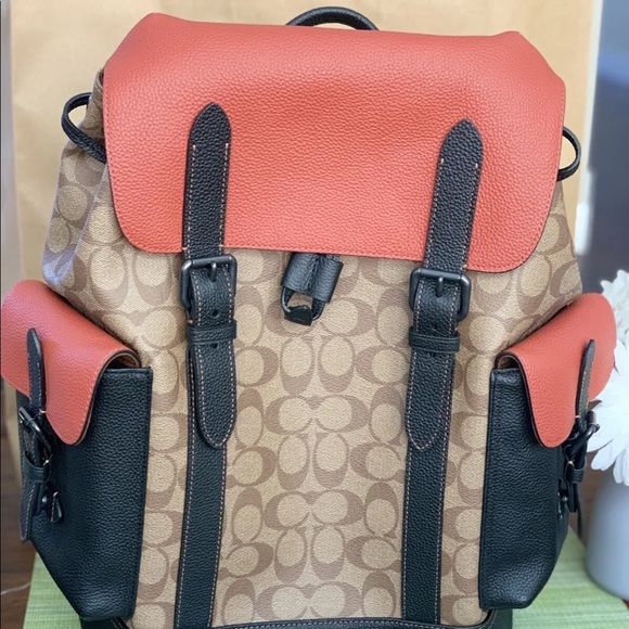 NWT Coach Hudson Backpack In Colorblock Signature Canvas Khaki Terracott… - Picture 2 of 13